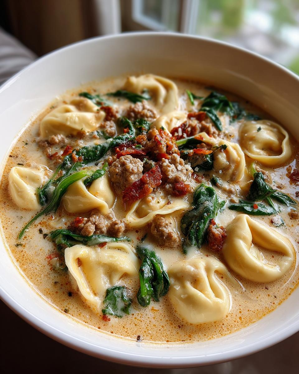 Close-up of a hearty bowl of creamy tortellini soup with sausage, spinach, and bacon bits.