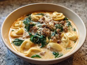 A close-up of a creamy, rich tortellini soup filled with cheese tortellini, ground sausage, and wilted spinach, topped with grated Parmesan.