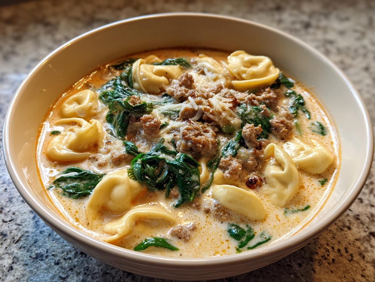 A close-up of a creamy, rich tortellini soup filled with cheese tortellini, ground sausage, and wilted spinach, topped with grated Parmesan.