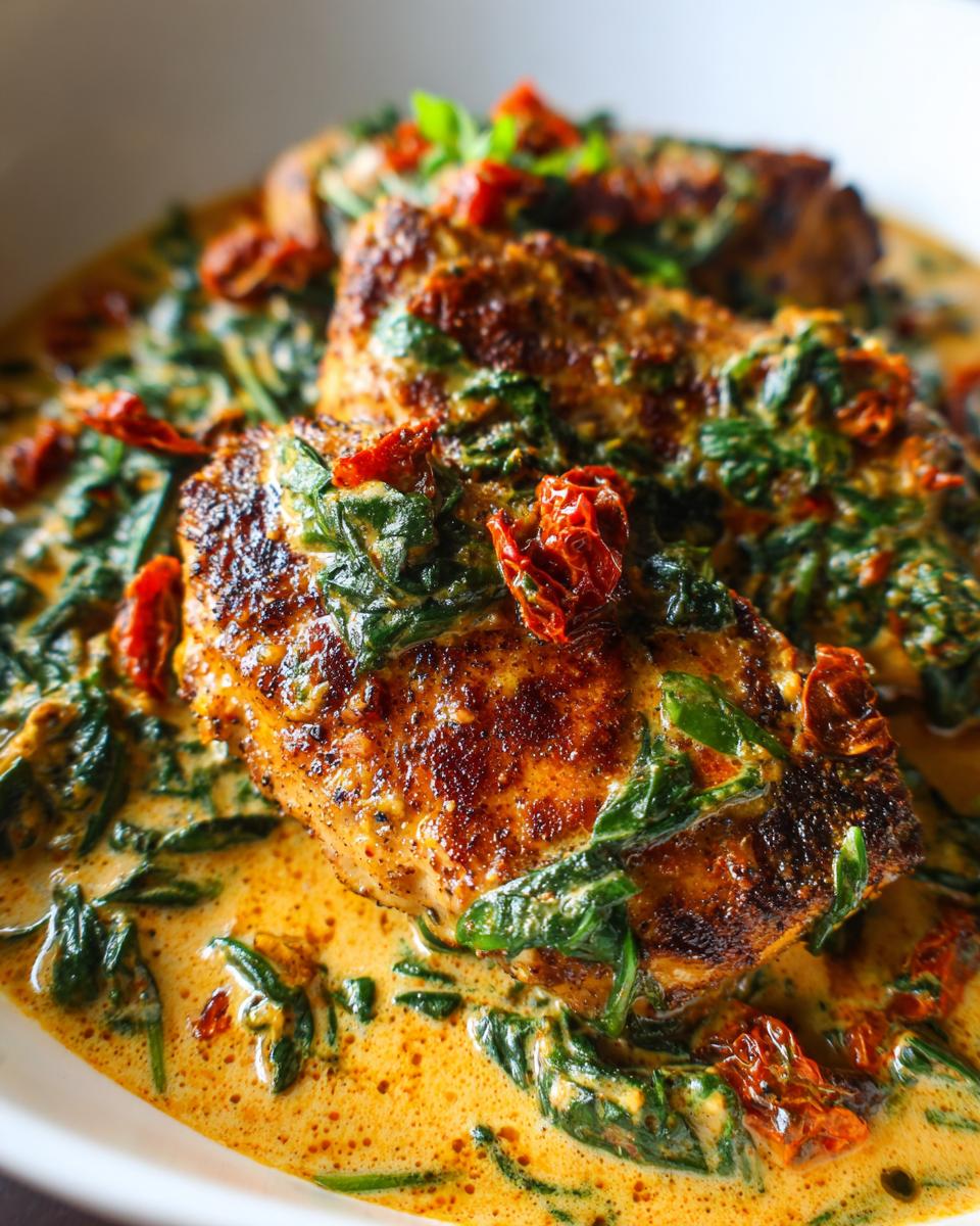 Close-up of pan-seared chicken breasts smothered in a rich, creamy Tuscan chicken sauce with spinach and sun-dried tomatoes.