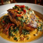 Close-up of a seared chicken breast smothered in rich, creamy Tuscan chicken sauce with spinach and sun-dried tomatoes.