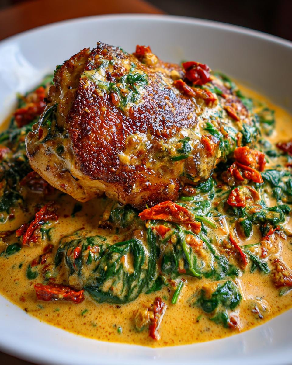 Close-up of a seared chicken thigh served over spinach and sun-dried tomatoes in a rich, creamy Tuscan chicken sauce.