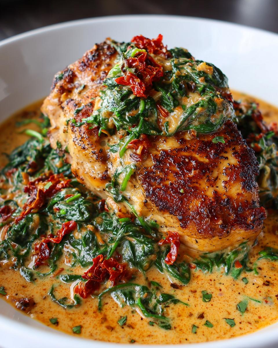 Close-up of a seared chicken breast smothered in creamy Tuscan sauce with spinach and sun-dried tomatoes.