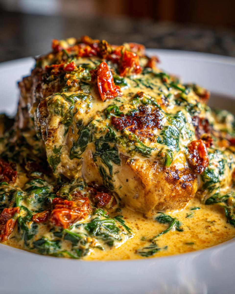 Close-up of a perfectly seared piece of creamy Tuscan chicken smothered in a rich sauce with spinach and sun-dried tomatoes.