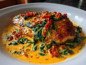 A close-up of a golden-brown chicken breast smothered in creamy Tuscan chicken sauce with spinach and sun-dried tomatoes.