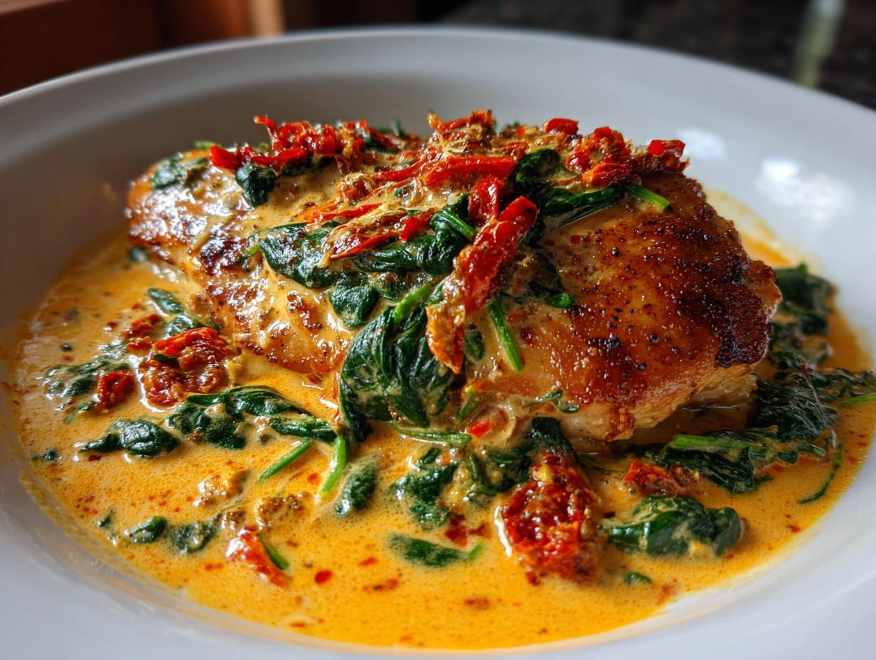 A close-up of a golden-brown chicken breast smothered in creamy Tuscan chicken sauce with spinach and sun-dried tomatoes.