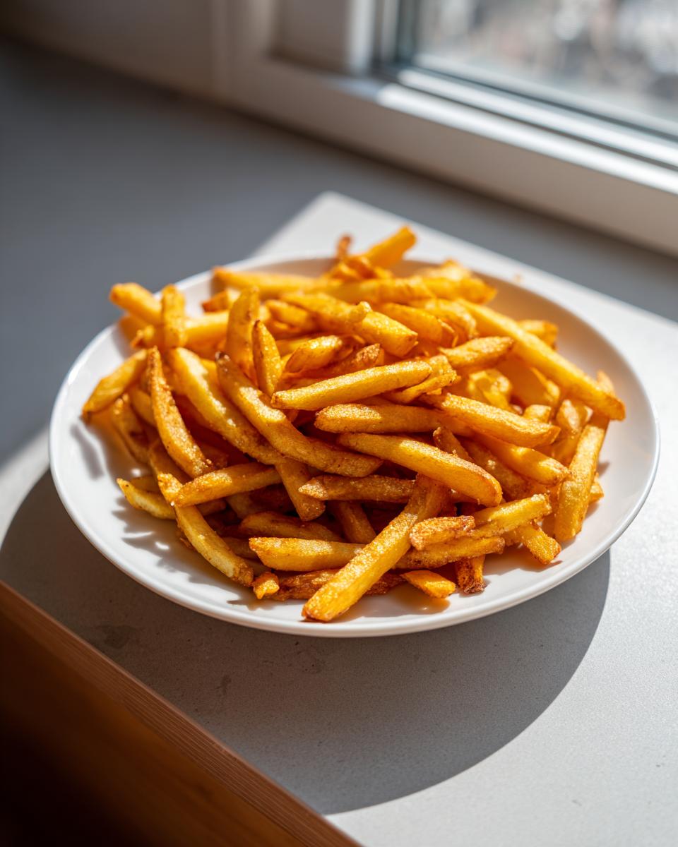 A white plate piled high with golden, crispy air fryer french fries, illuminated by bright sunlight near a window.