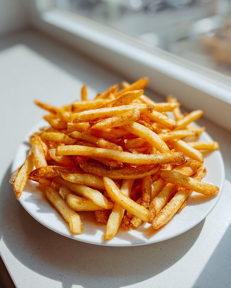 A close-up of a white plate piled high with golden, crispy air fryer french fries, lit by sunlight near a window.
