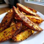 Close-up of perfectly seasoned and crispy air fryer potato wedges piled on a white plate.