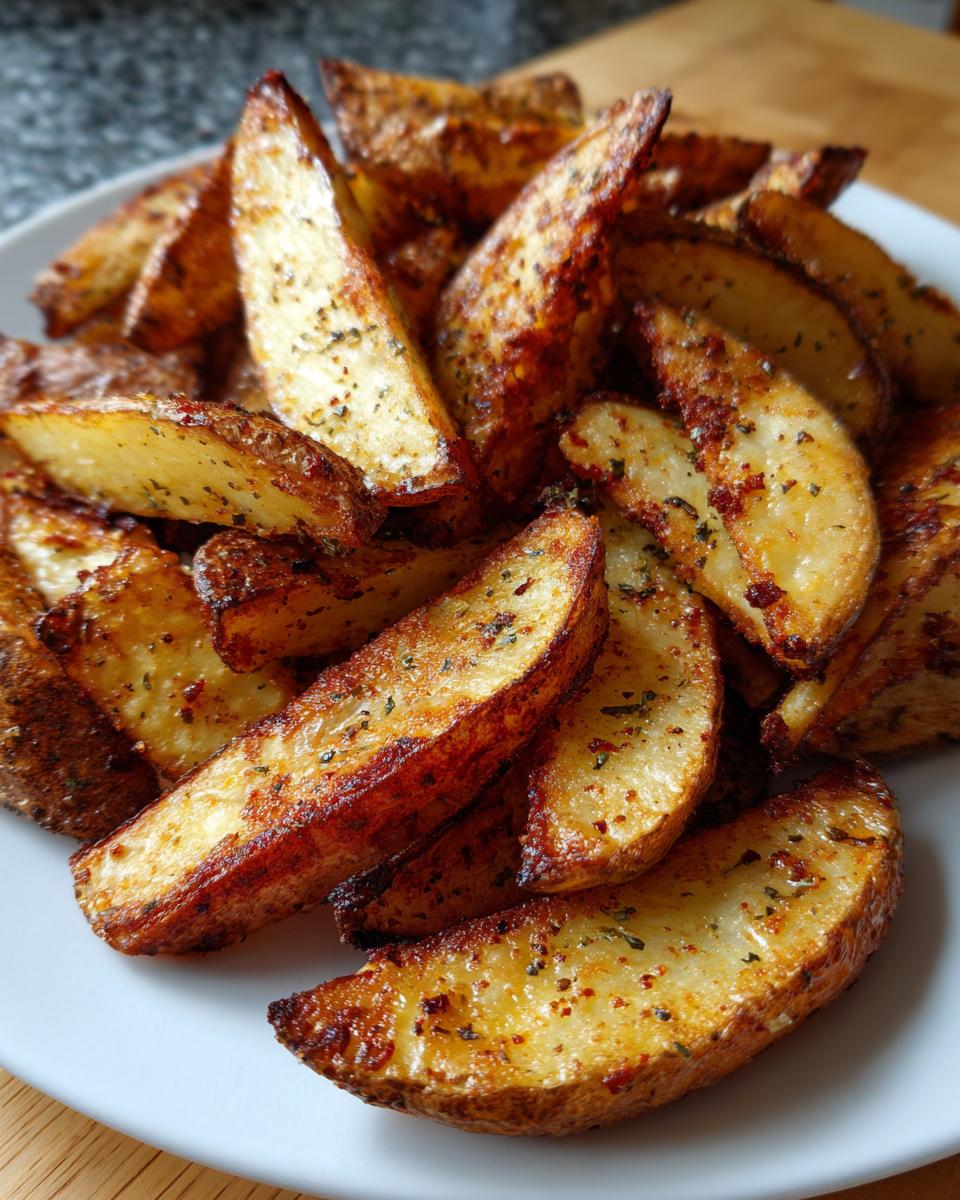 A close-up of perfectly crispy, golden brown air fryer potato wedges seasoned with herbs on a white plate.