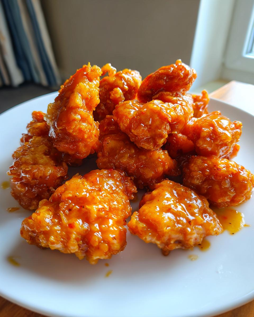 A pile of crispy, bite-sized pieces of Bang Bang Chicken coated in a glossy, orange-red sauce.