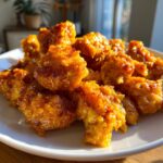 Close-up of crispy, glazed pieces of Bang Bang Chicken piled on a white plate.