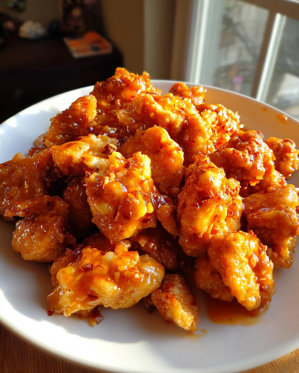 A close-up of crispy, bite-sized pieces of Bang Bang Chicken coated in a sweet and spicy orange glaze.