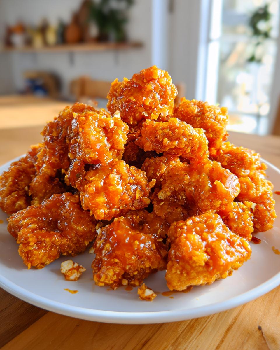 A large pile of crispy, orange-glazed bang bang chicken bites stacked high on a white plate.
