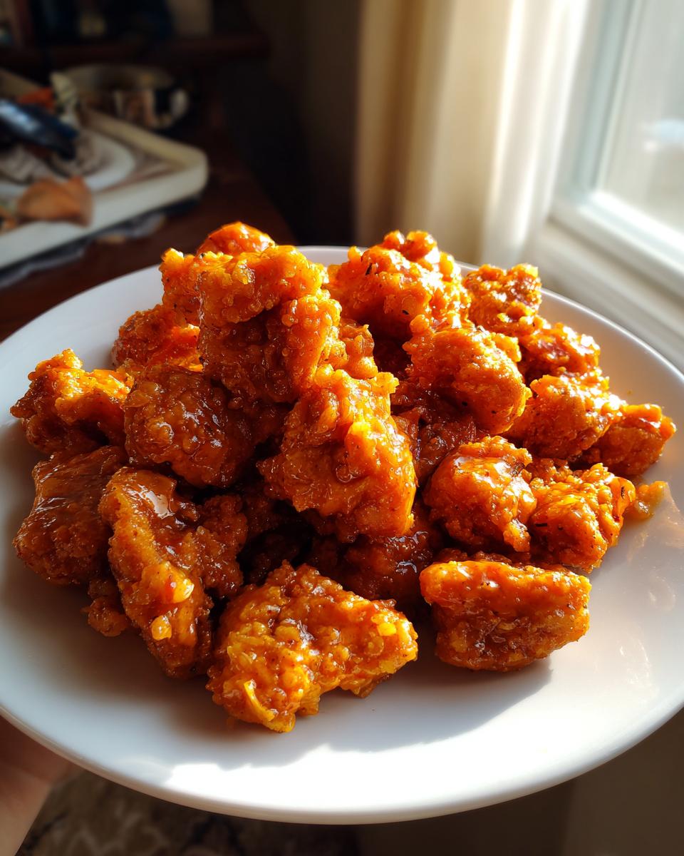 A bright, close-up photo of crispy, saucy bang bang chicken bites piled high on a white plate near a sunny window.