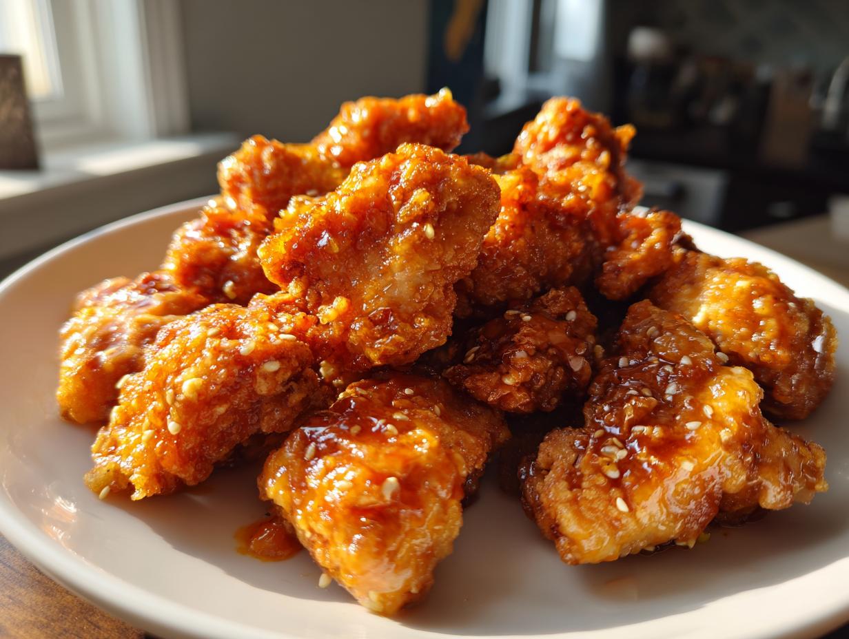 Close-up of crispy, glazed Bang Bang Chicken bites sprinkled with sesame seeds on a white plate.