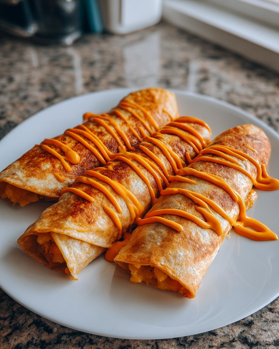 Three golden-brown potato tacos wrapped in tortillas and drizzled generously with bright orange cheese sauce.