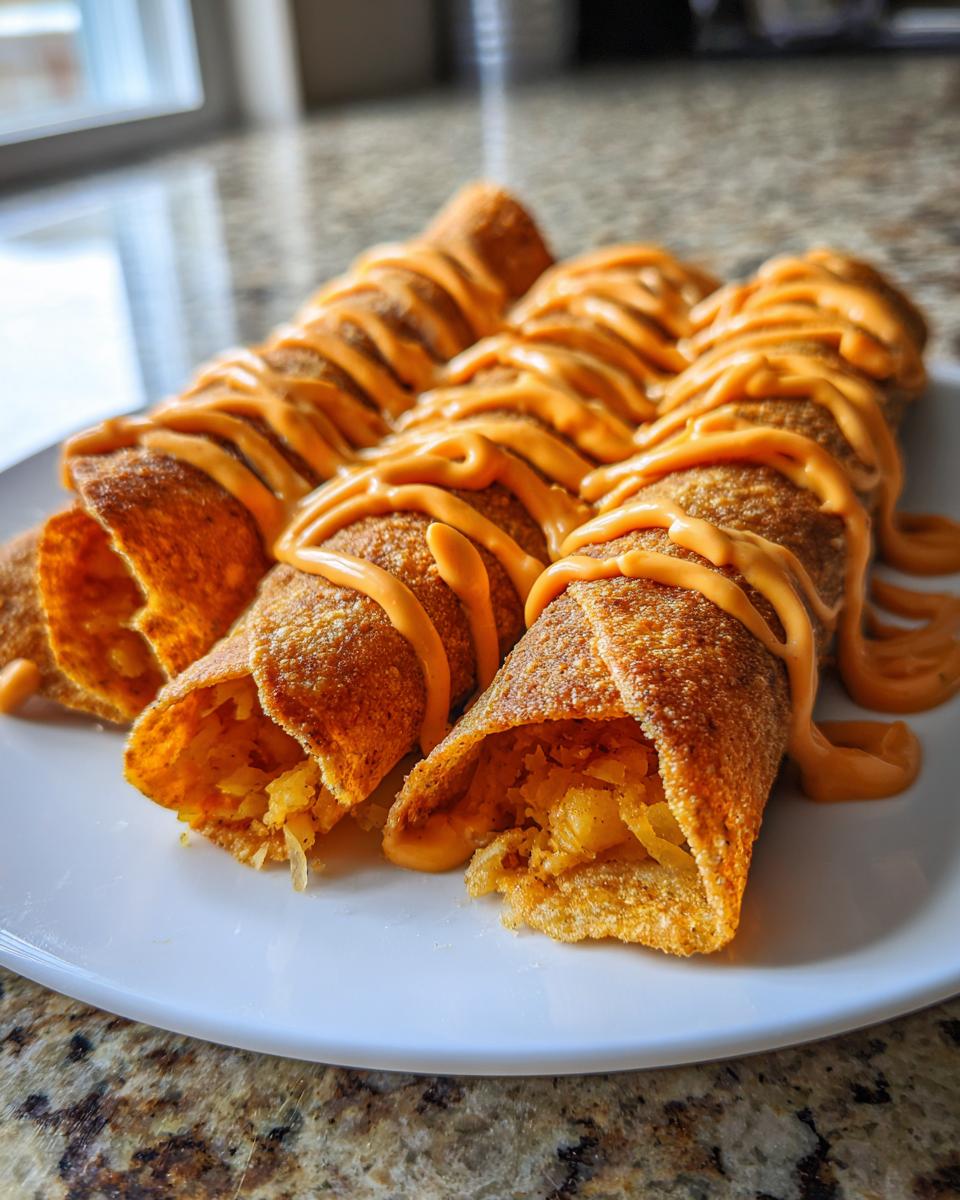 Three crispy, fried potato tacos filled with mashed potatoes and drizzled generously with orange cheese sauce.