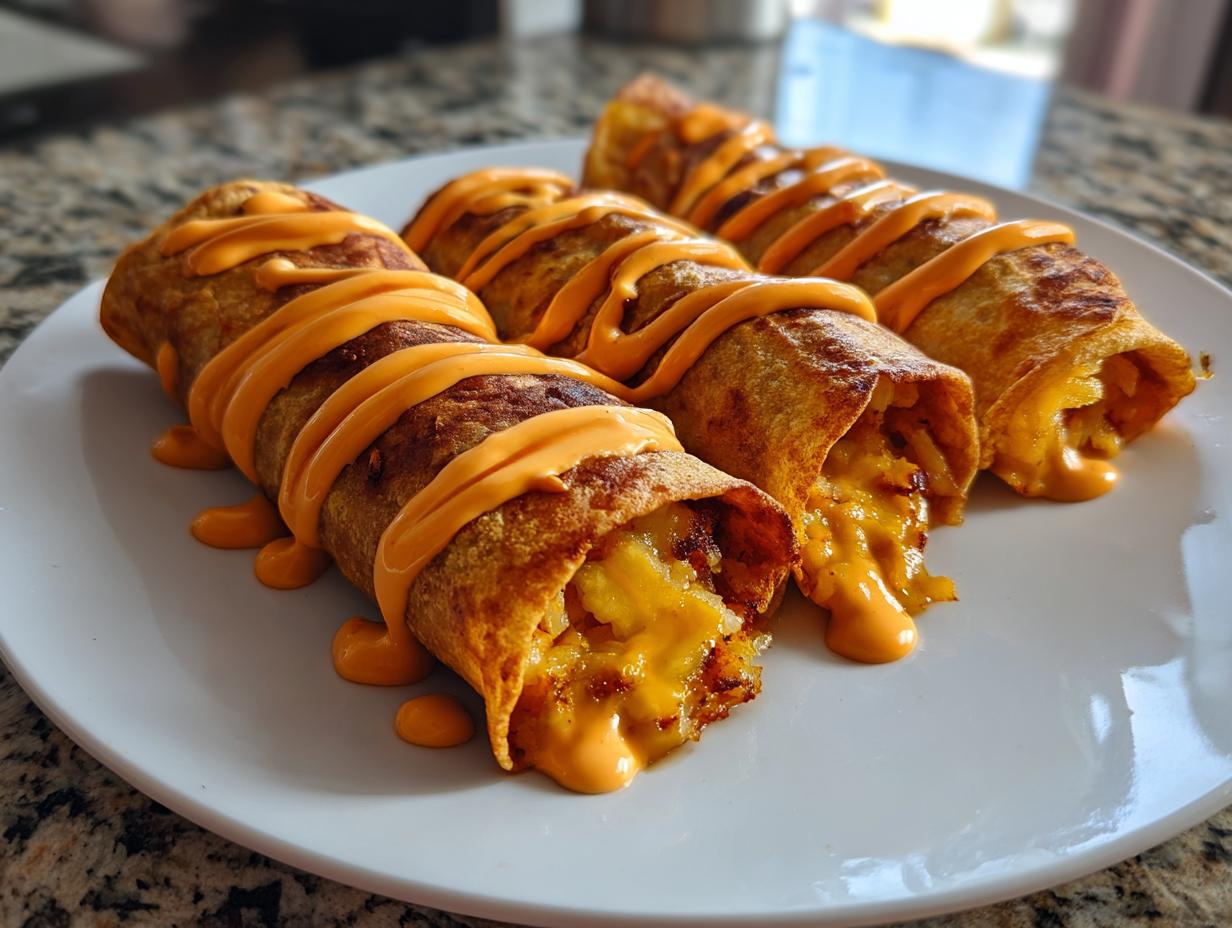 Four crispy, rolled potato tacos filled with melted cheese and drizzled generously with orange cheese sauce.