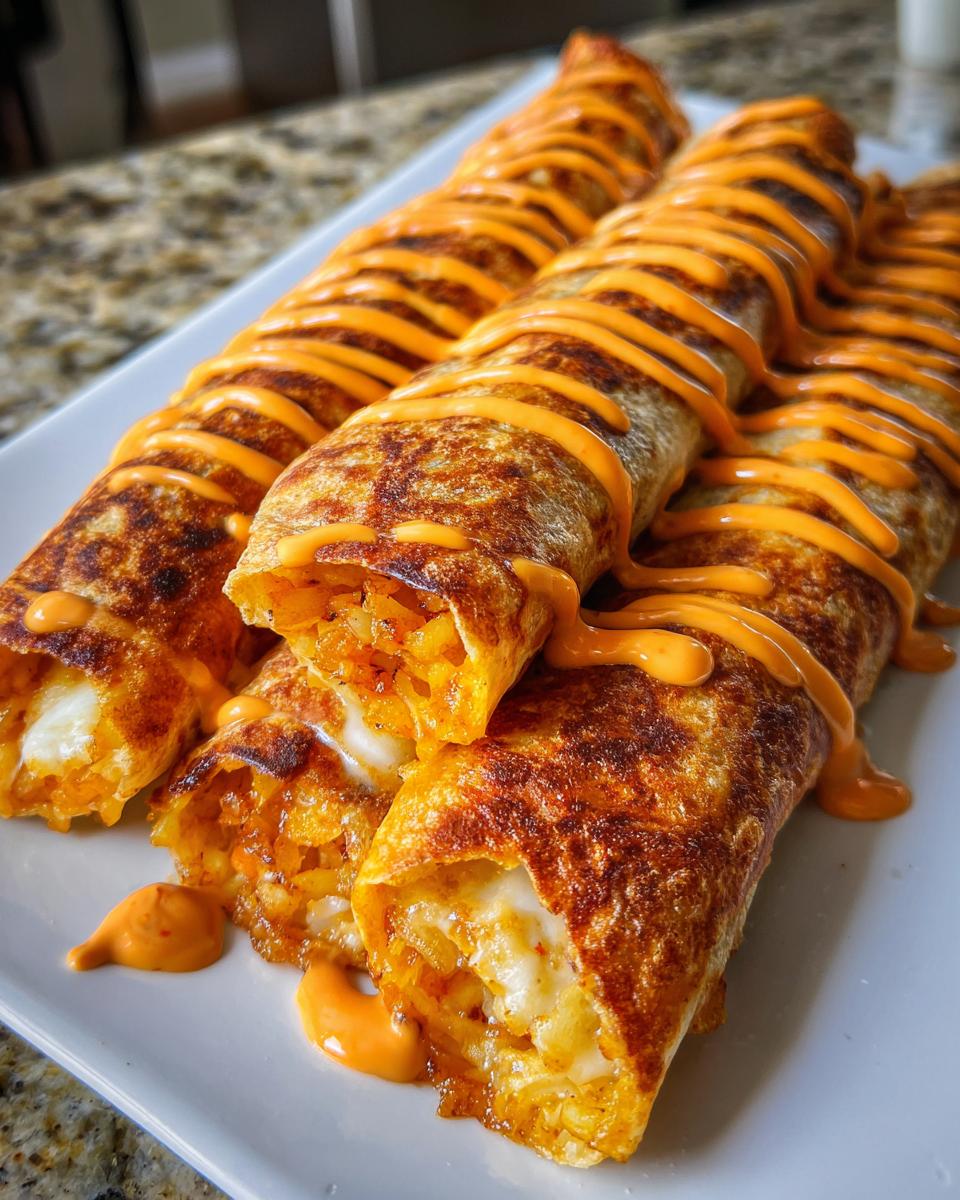 Close-up of crispy, rolled potato tacos filled with cheese and drizzled generously with orange sauce.