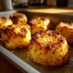 Close-up of several golden brown, crispy roast potatoes sitting in a metal baking tray.