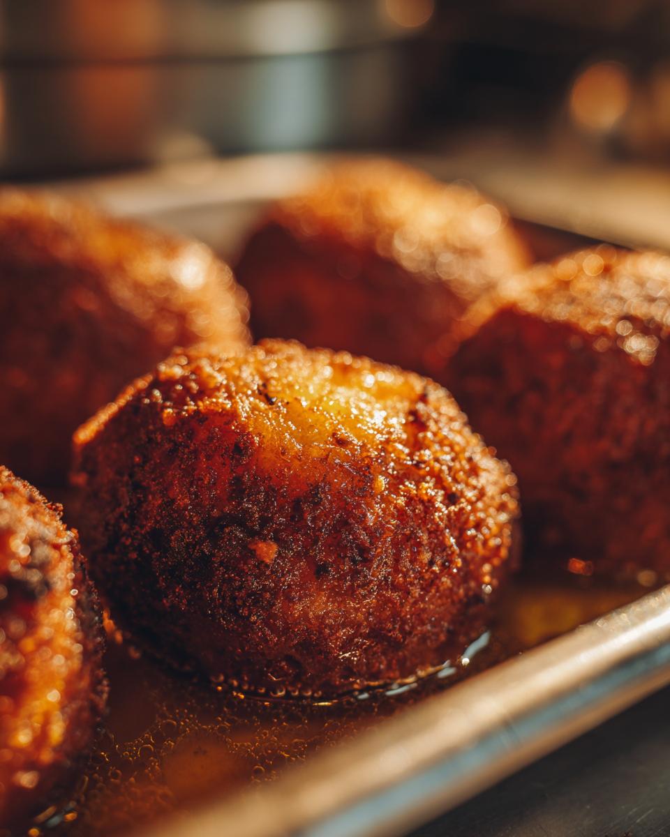 Close-up of perfectly golden brown and crispy roast potatoes sitting in hot oil on a baking tray.
