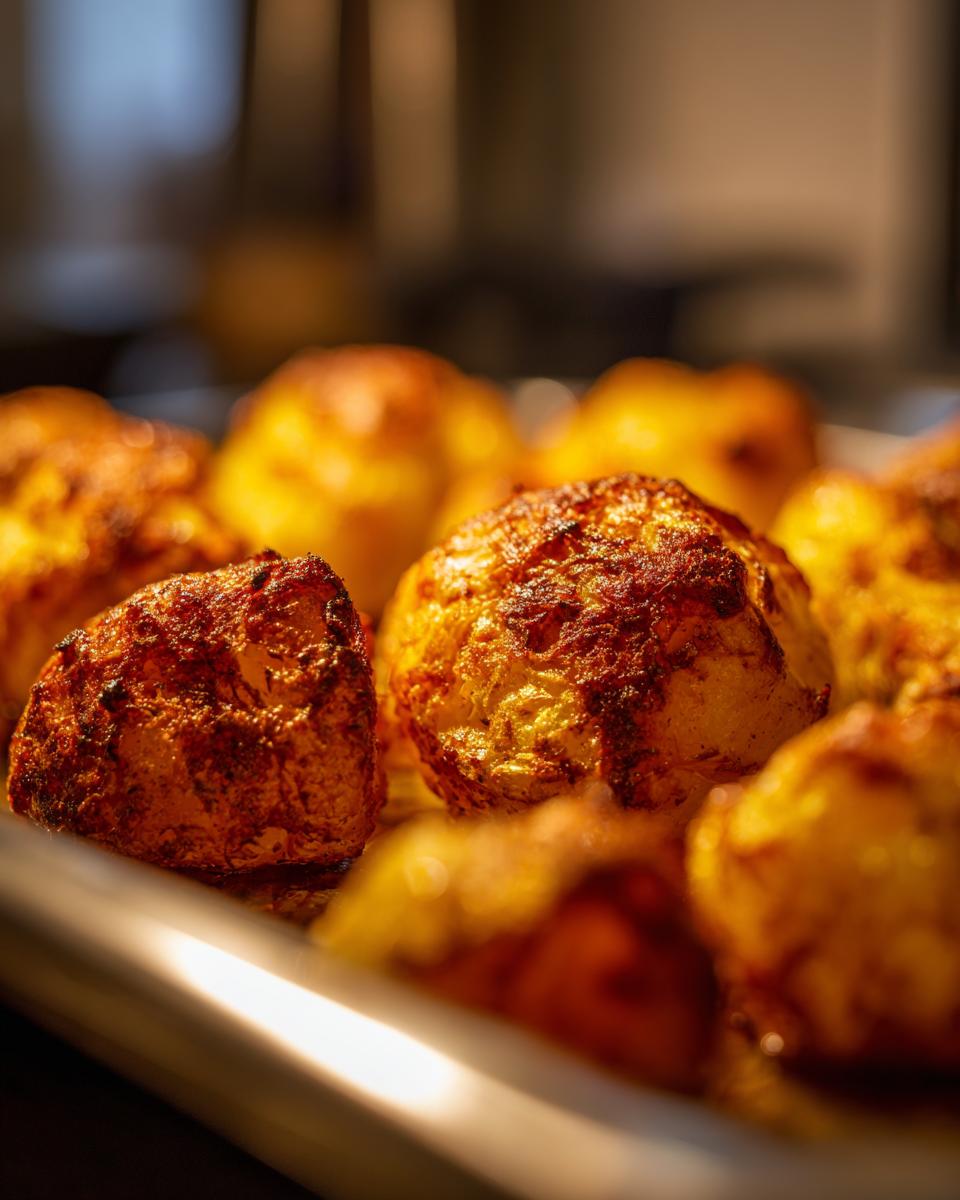 Close-up of golden brown, crispy roast potatoes glistening on a baking tray.