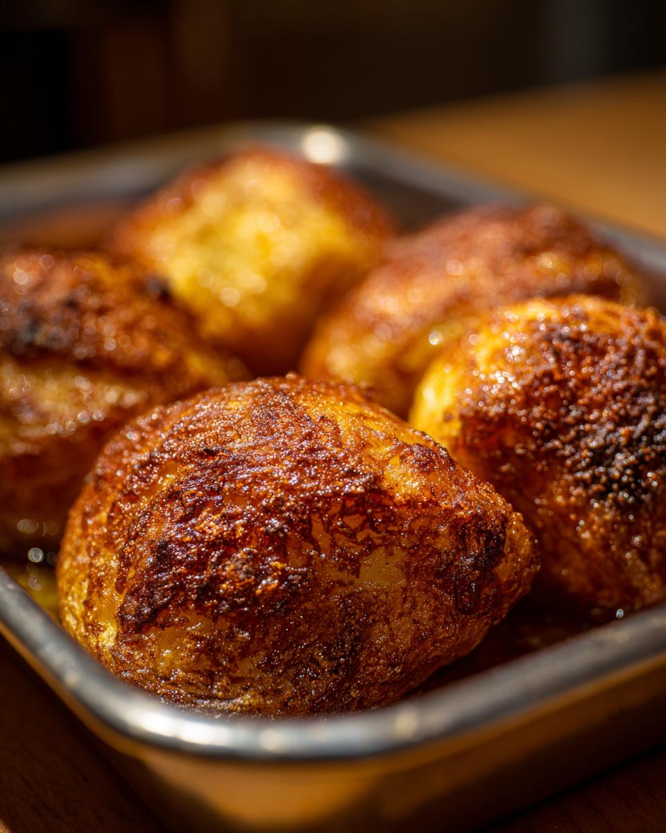 Close-up of several golden brown, crispy roast potatoes glistening in a metal baking dish.