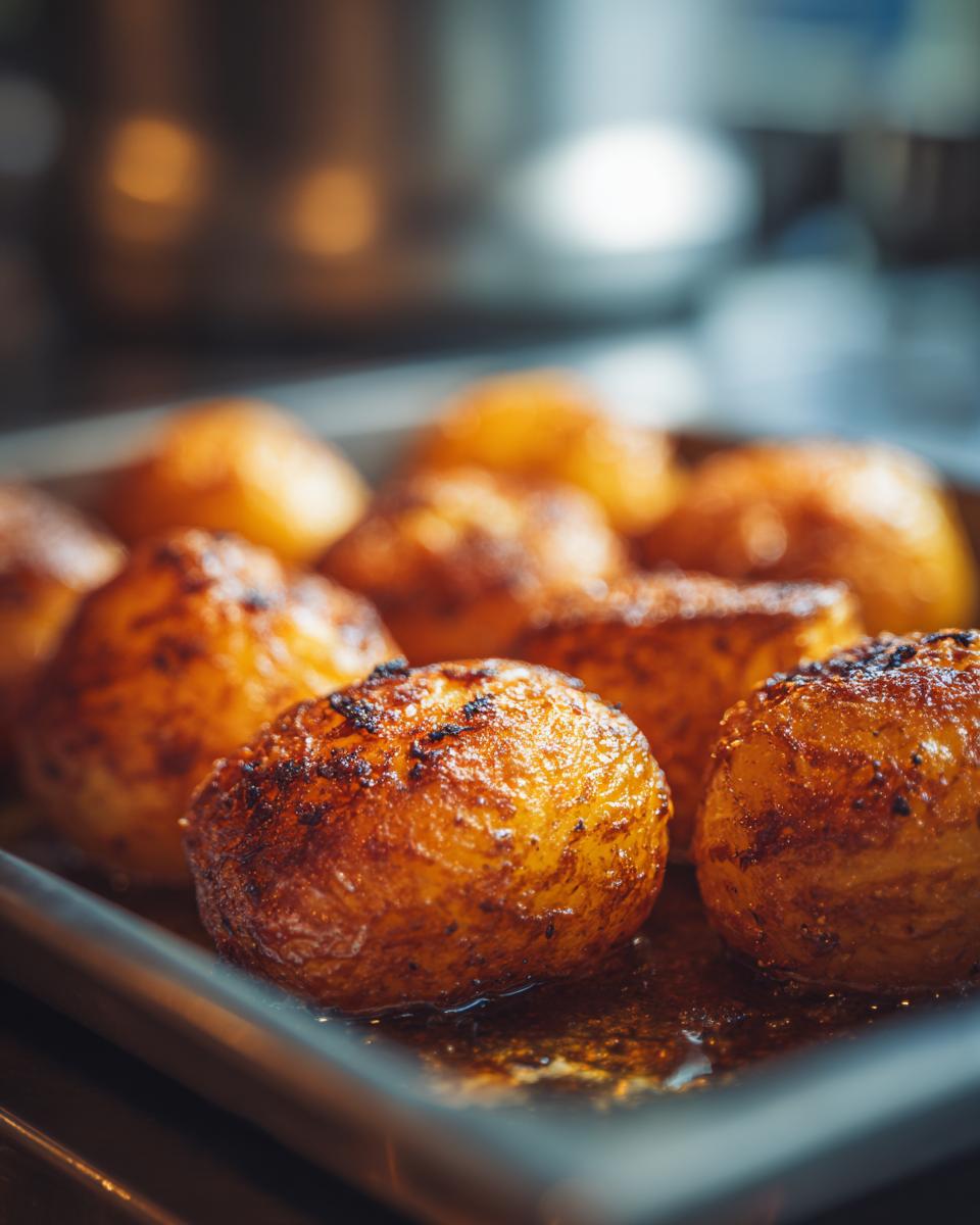Close-up of golden brown, crispy roast potatoes glistening in oil on a metal baking tray.