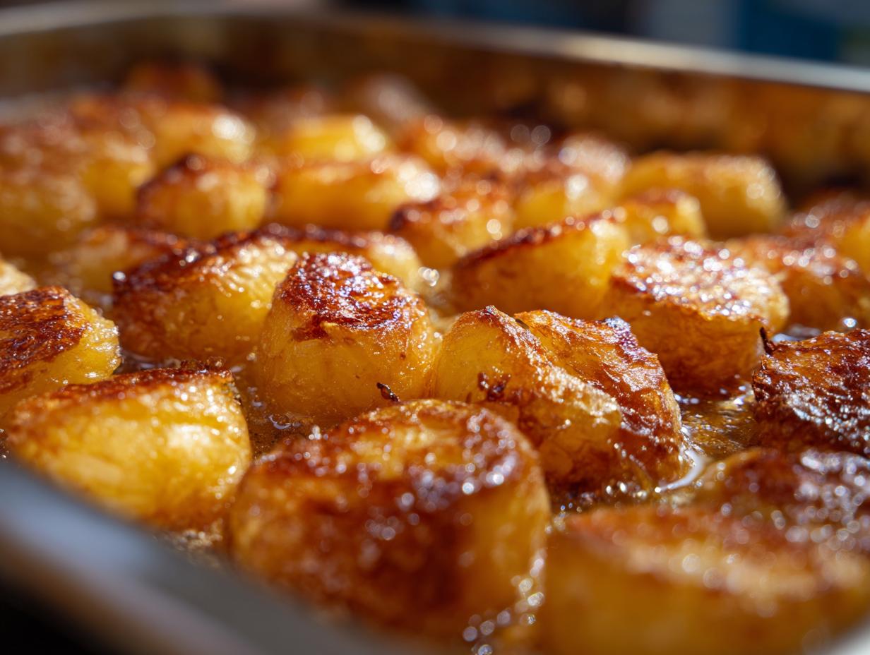 Close-up shot of perfectly browned and crispy roast potatoes sizzling in hot oil in a roasting pan.