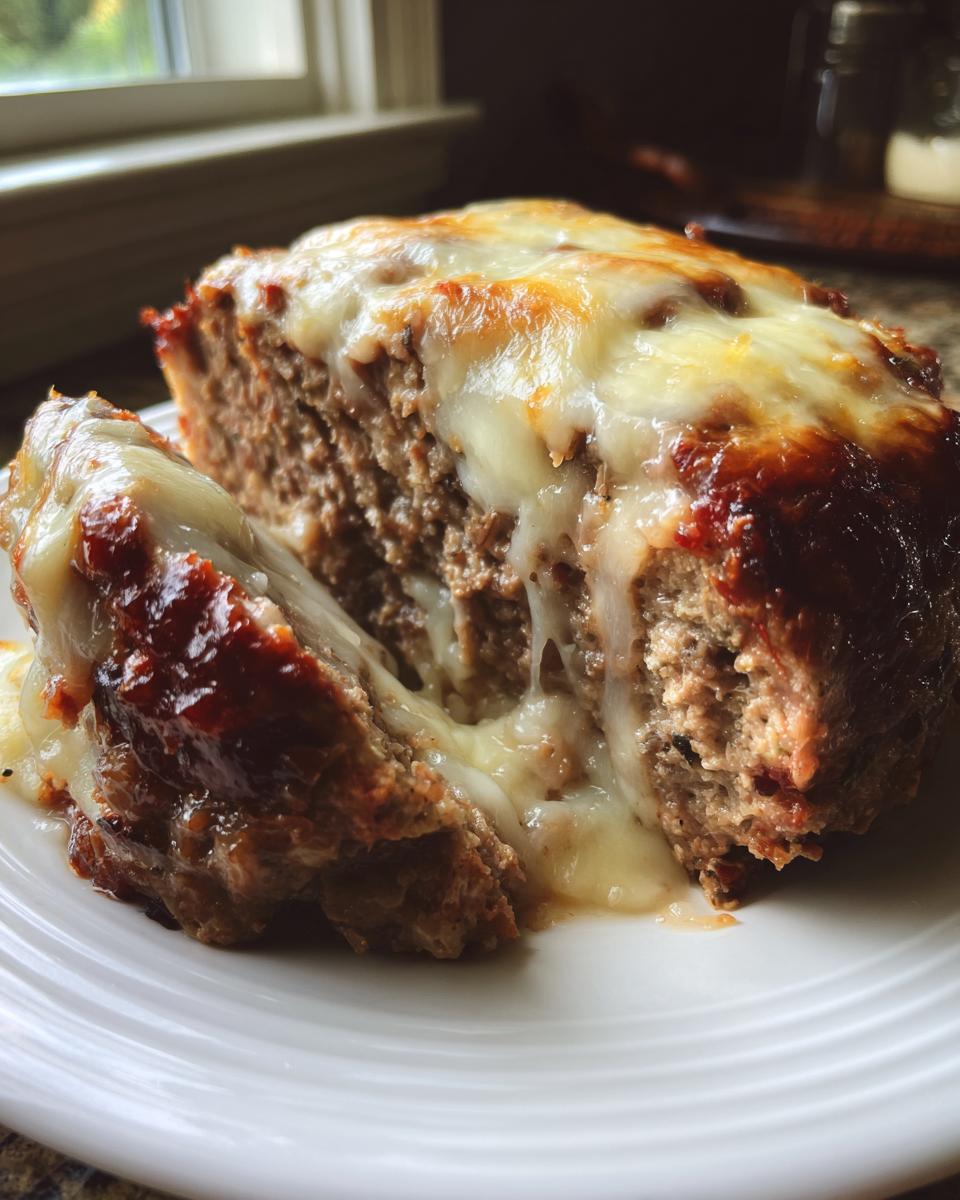 A slice of moist crockpot french onion meatloaf topped with gooey, melted cheese.