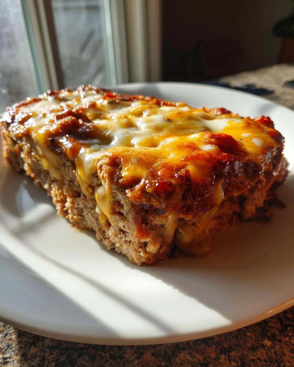 A juicy slice of crockpot french onion meatloaf topped with melted, browned cheese on a white plate.