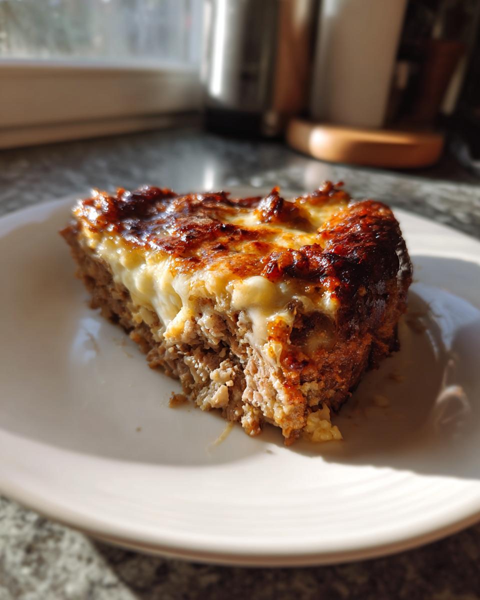 A close-up slice of crockpot French onion meatloaf topped with melted, browned cheese.