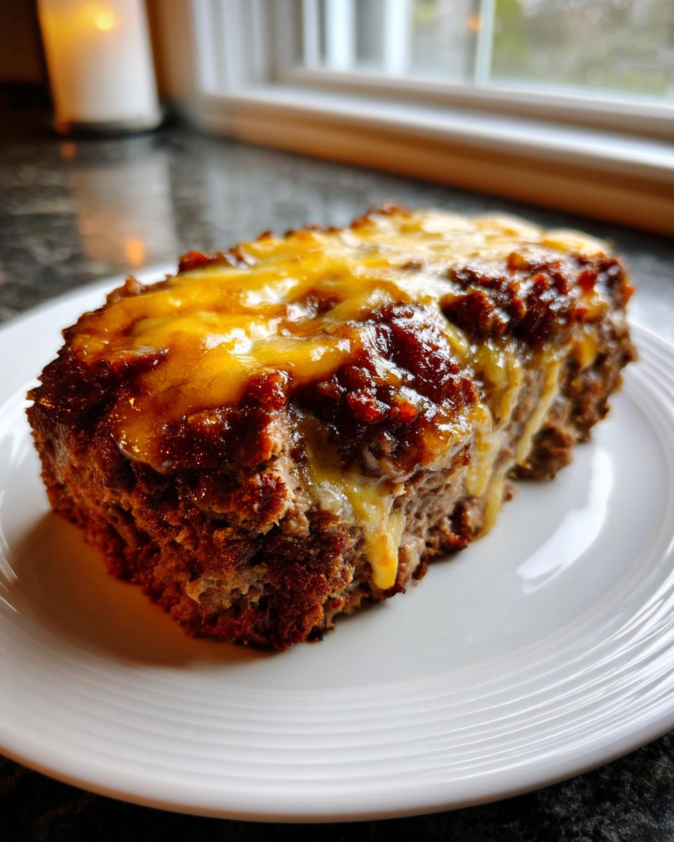A thick slice of crockpot French onion meatloaf topped with melted cheddar cheese, served on a white plate.