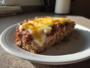 A thick slice of crockpot french onion meatloaf topped with melted cheddar and white cheese on a white plate.