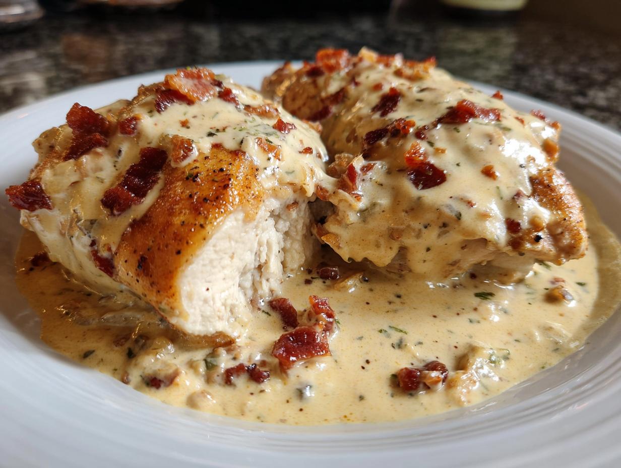 Close-up of two pieces of Crockpot Marry Me Chicken covered in creamy sauce and bacon bits, one piece cut open.