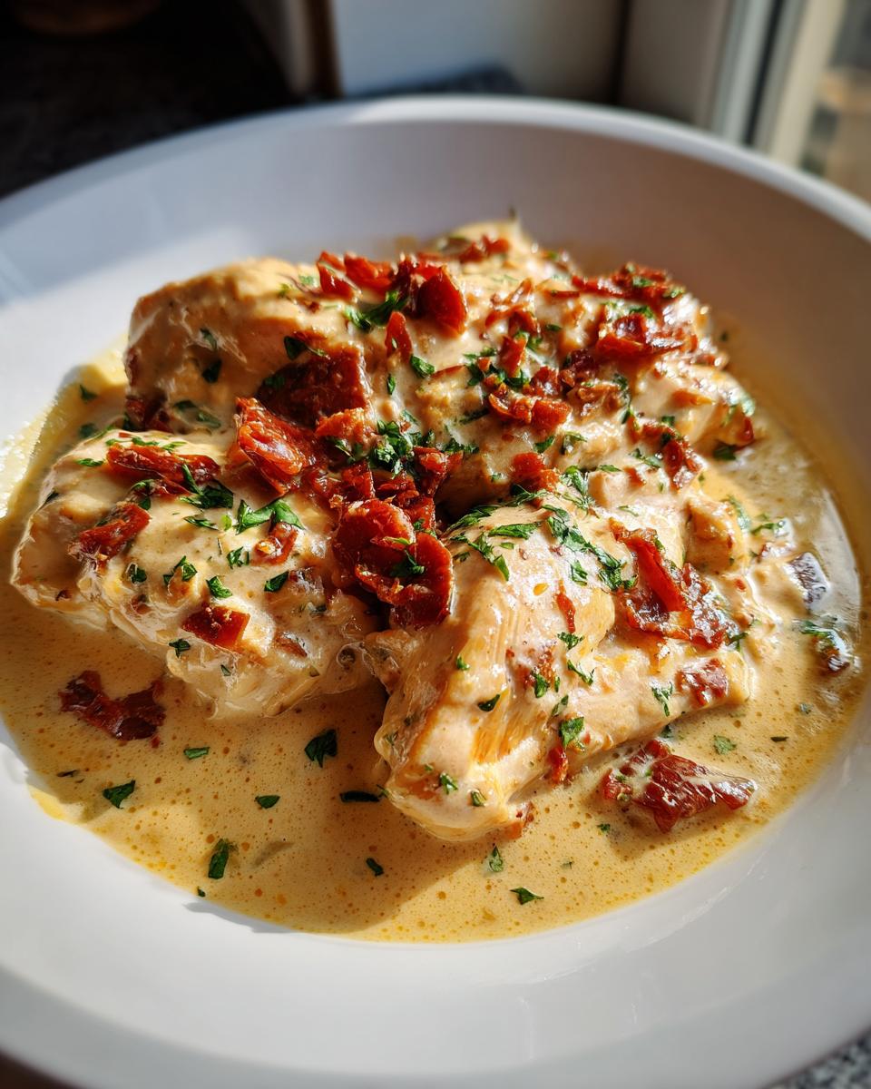 Two chicken breasts covered in a rich, creamy sauce, topped with sun-dried tomatoes and parsley, ready to serve as Crockpot Marry Me Chicken.