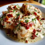 Close-up of three pieces of Crockpot Marry Me Chicken smothered in creamy sauce, sun-dried tomatoes, and parsley.