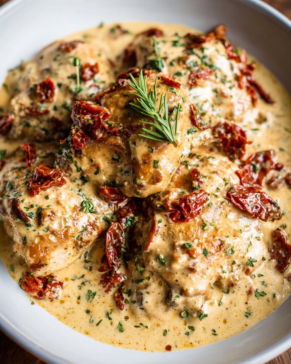 Close-up of several pieces of Crockpot Marry Me Chicken smothered in a rich, creamy sauce with sun-dried tomatoes and herbs.