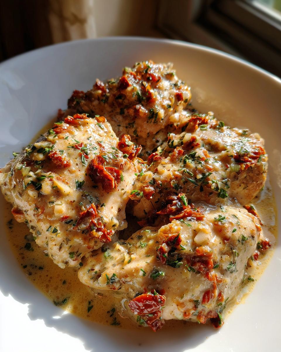 Three pieces of tender chicken smothered in a creamy sauce with sun-dried tomatoes and herbs, representing Crockpot Marry Me Chicken.