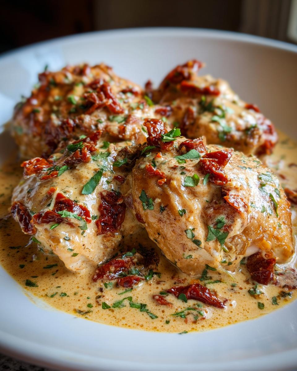 Close-up of three pieces of Crockpot Marry Me Chicken smothered in a creamy sauce with sun-dried tomatoes and parsley.