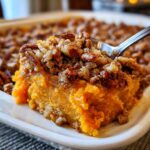 A spoonful of vibrant orange crockpot sweet potato casserole topped with a crunchy pecan streusel topping.