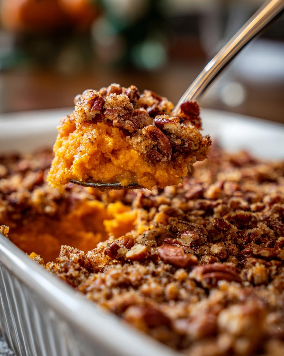 A spoonful of rich, orange crockpot sweet potato casserole topped with crunchy pecans being lifted from the baking dish.