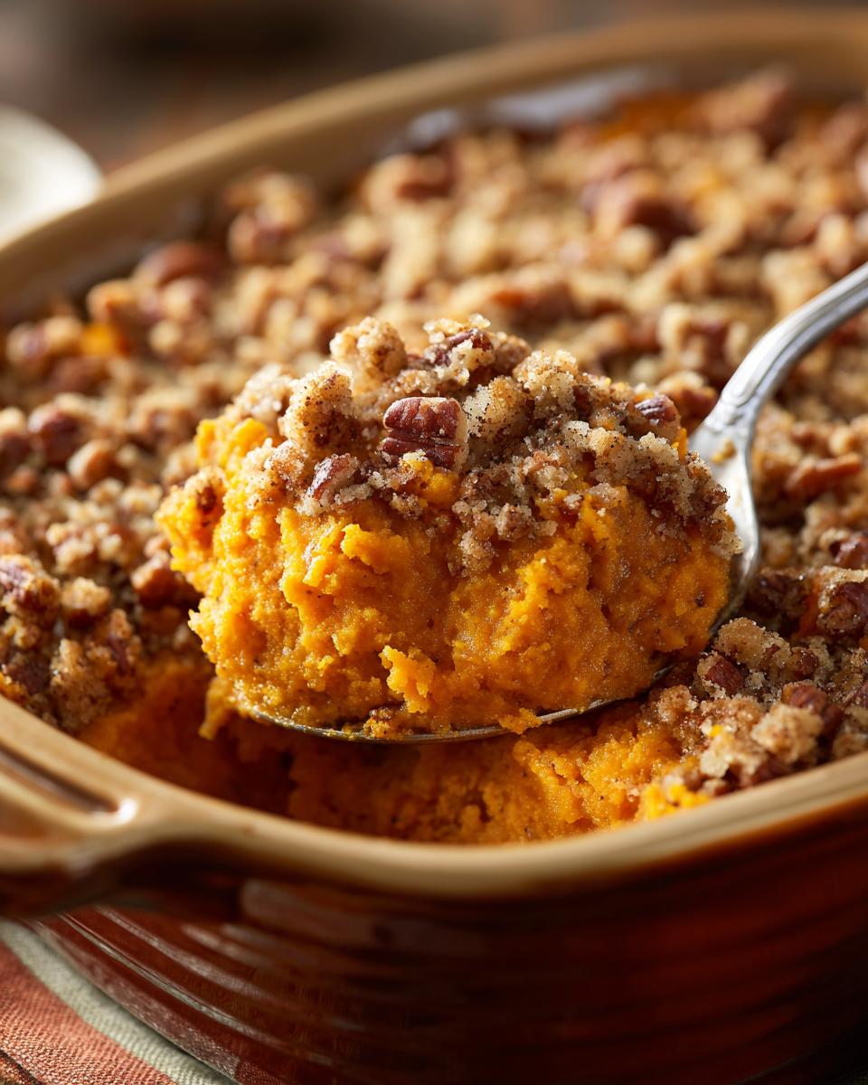 A spoonful of creamy crockpot sweet potato casserole topped with crunchy pecan streusel being lifted from the dish.