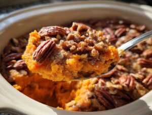 A spoonful of creamy crockpot sweet potato casserole topped generously with crunchy pecans being lifted from the slow cooker.