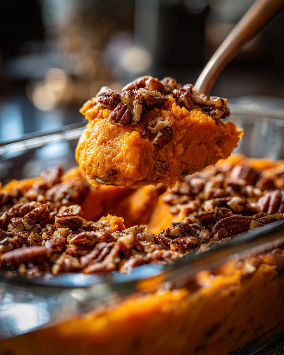 A spoonful of bright orange crockpot sweet potato casserole topped generously with toasted pecans being lifted from the dish.
