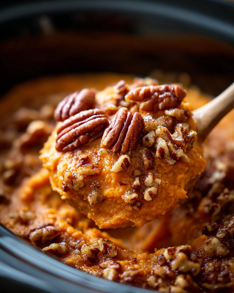 A wooden spoon lifting a scoop of creamy orange crockpot sweet potato casserole topped with whole and chopped pecans.