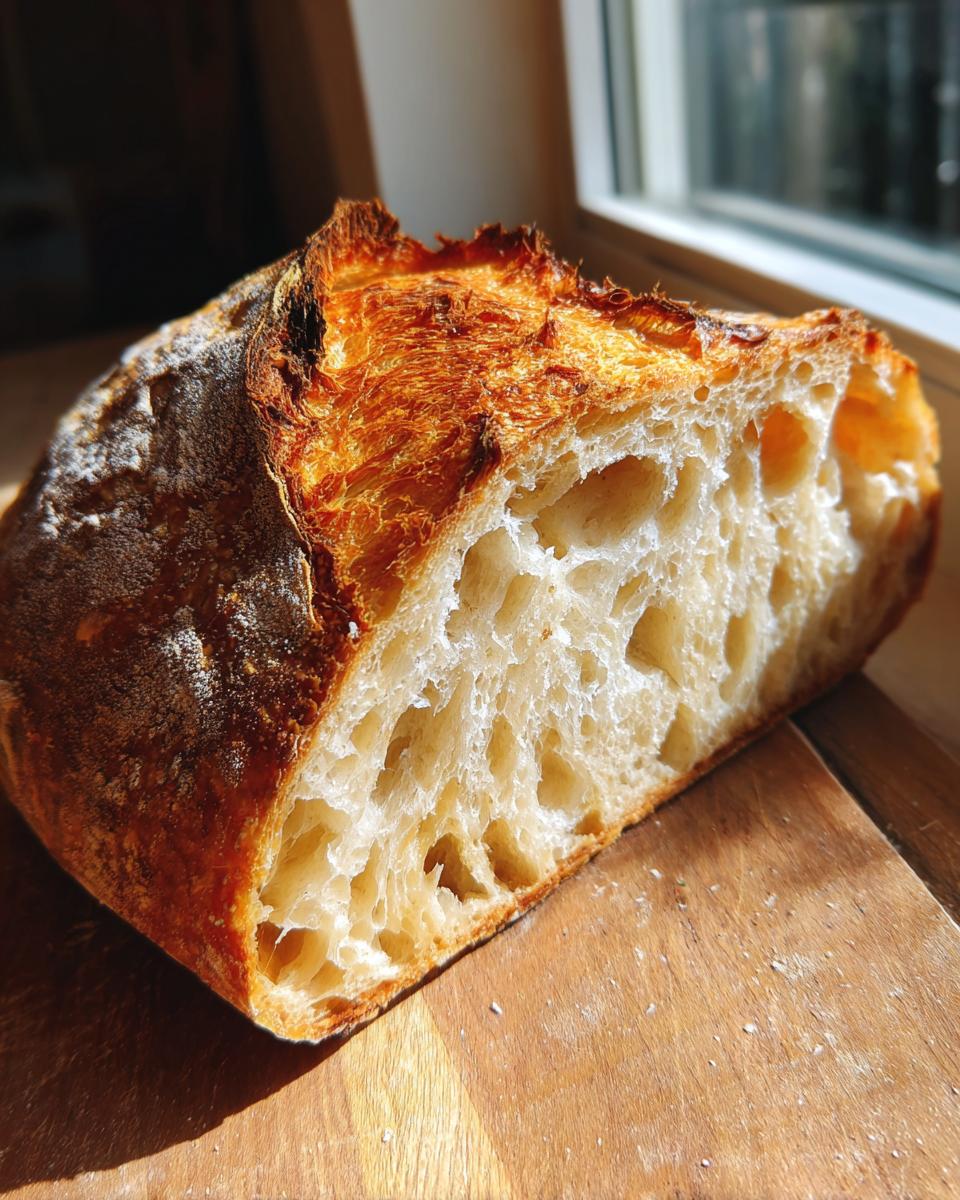 Close-up of a freshly baked italian bread loaf cut in half, showing an open, airy crumb and dark, crusty exterior.