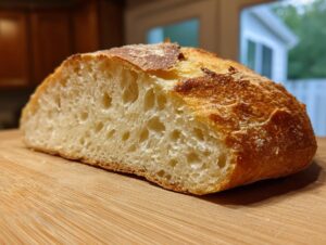 Close-up of a freshly baked Italian bread loaf cut in half, showing an open, airy crumb structure and golden crust.