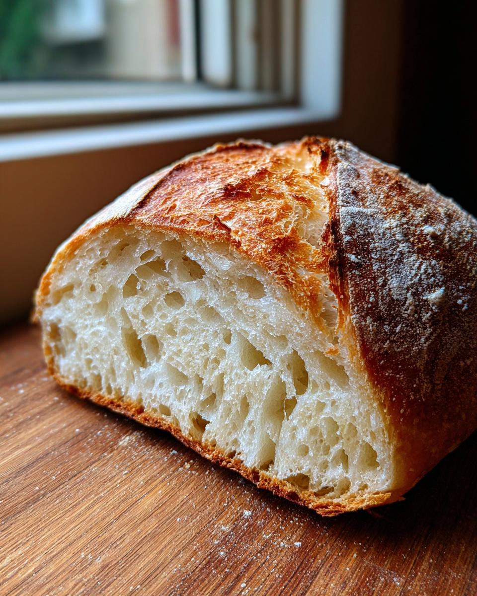 Close-up of the open crumb structure of a crusty italian bread loaf, showing an airy interior.